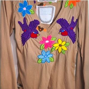 Embroidered Tan Long Sleeve Top with Colorful Birds and Flowers JOYSTICK